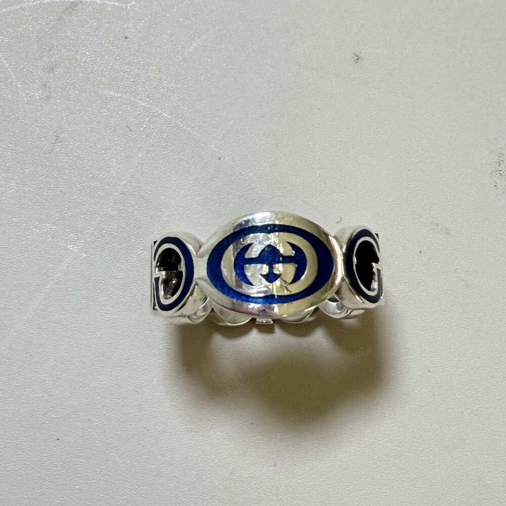 Gucci Sterling Silver Blue Imperial Enamel Interlocking G Cut-Out Logo Band Ring